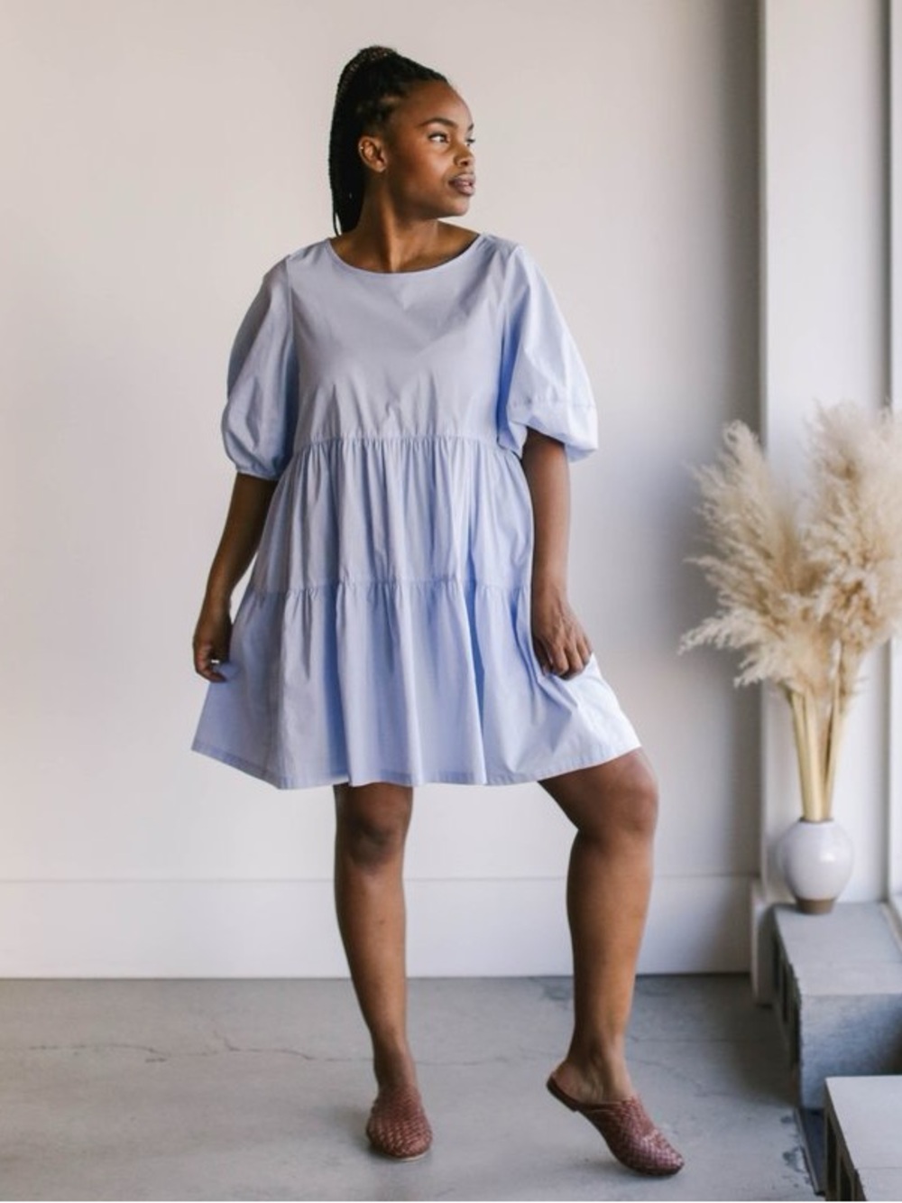 A Bronze Age Light Blue Puff-Sleeve Tiered Mini Dress — Casual Summer Style